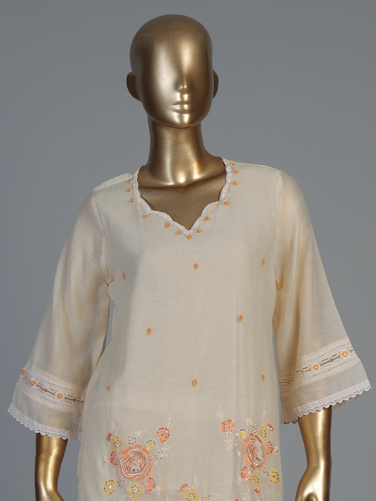 Beige cotton silk co-ord set with elegant embroidery