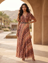 Brown printed georgette festive long dress for women