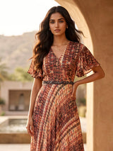 Brown printed georgette festive long dress for women