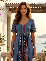 Slate blue printed linen cotton casual midi dress