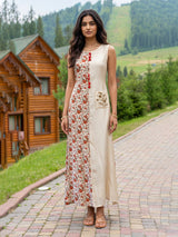 Cream printed muslin silk sleeveless maxi kurti