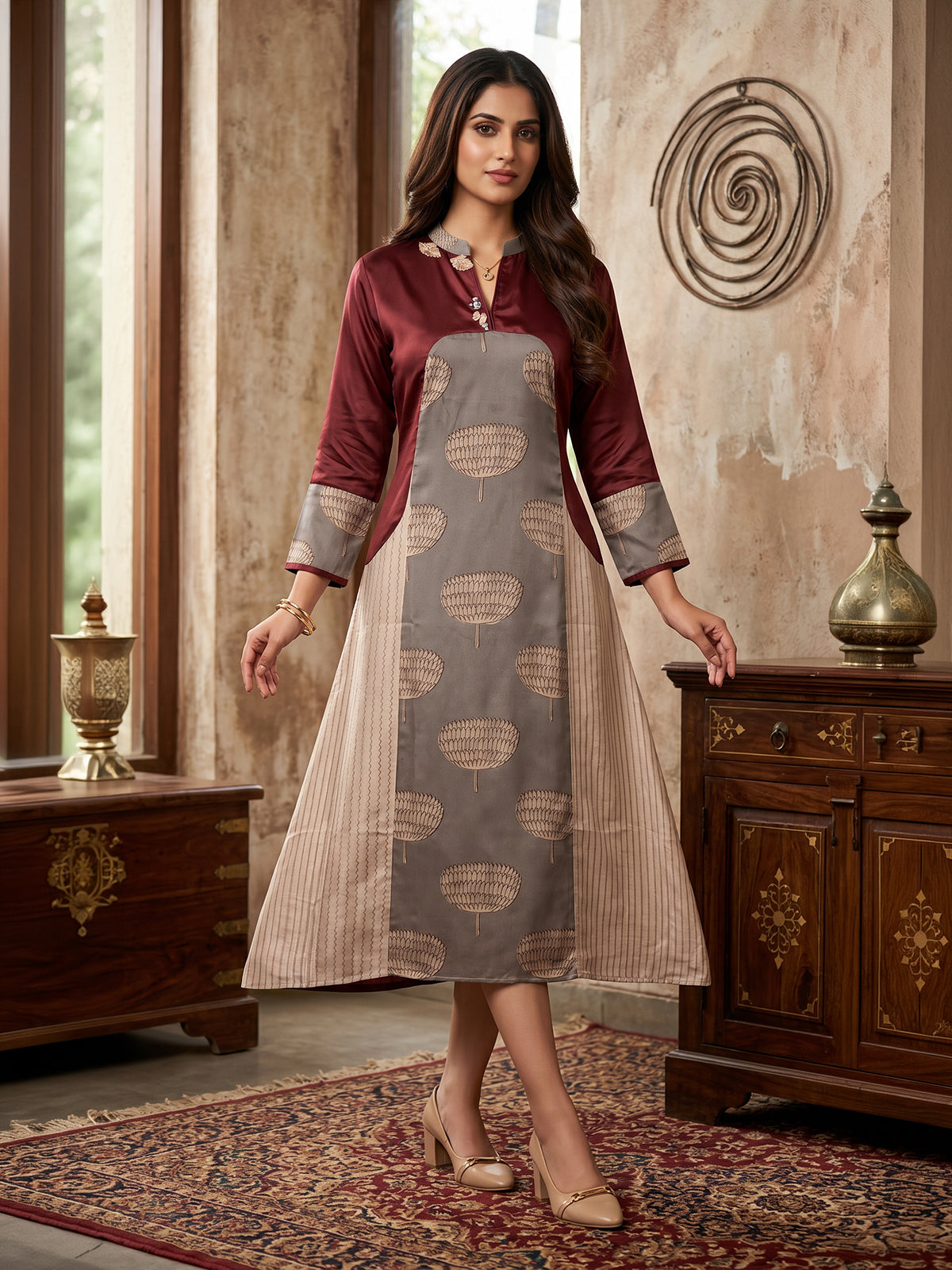 Maroon printed silk designer straight long kurti