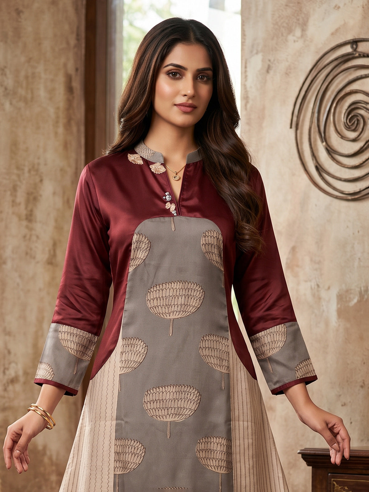 Maroon printed silk designer straight long kurti