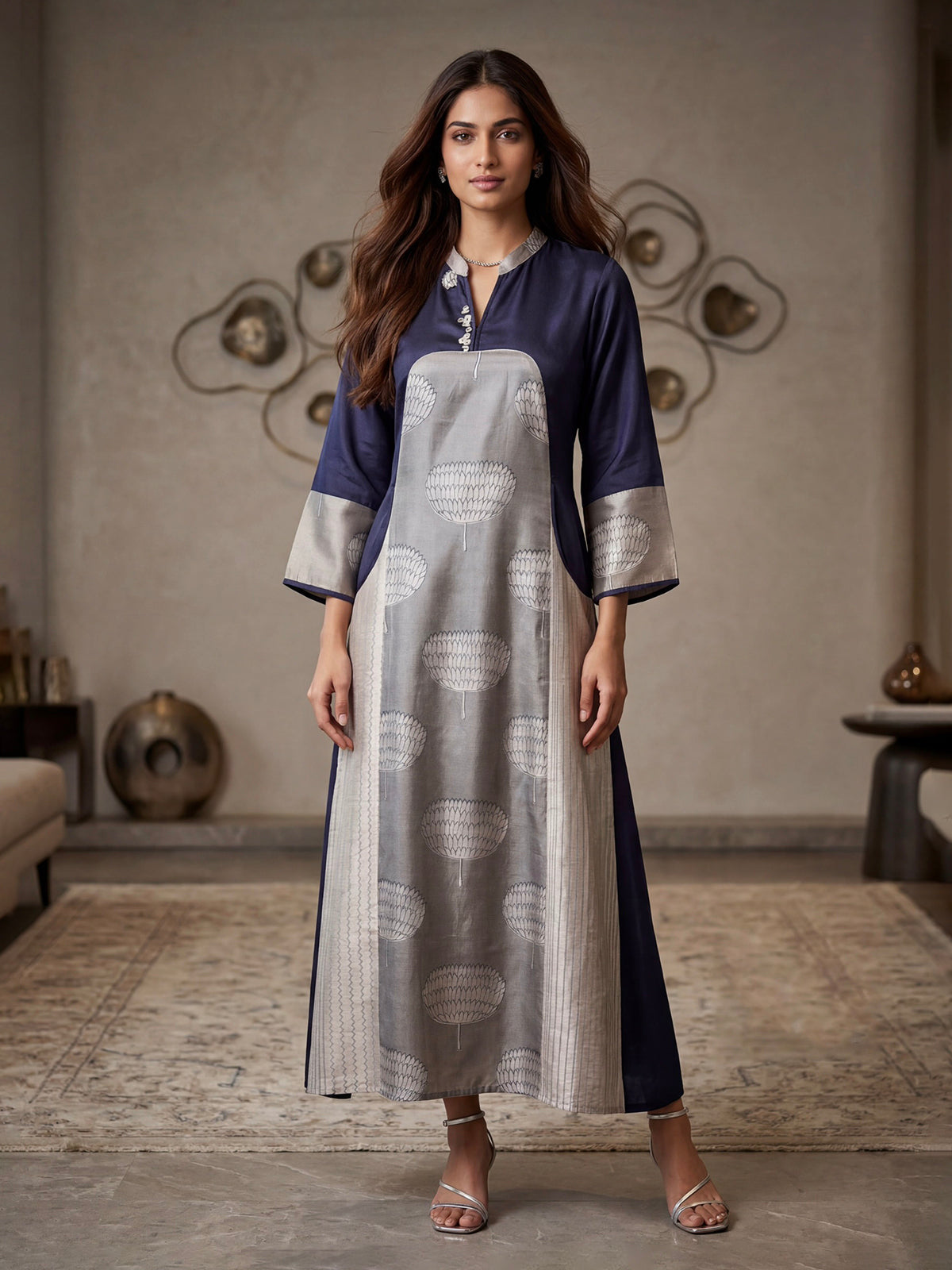 Blue printed silk festive straight long kurti