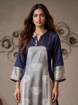 Blue printed silk festive straight long kurti