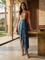Blue printed organza silk designer asymmetrical long dress