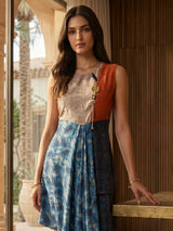 Blue printed organza silk designer asymmetrical long dress