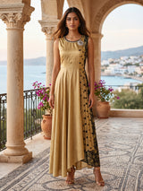 Yellow designer Ajrakh satin silk kurti dress