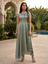 Sage green Ajrakh printed Indo western kurti dress