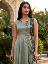 Sage green Ajrakh printed Indo western kurti dress