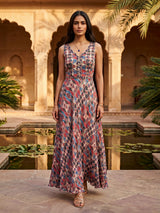 Multicolour printed crepe satin silk floor length dress