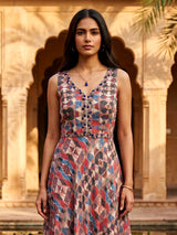 Multicolour printed crepe satin silk floor length dress