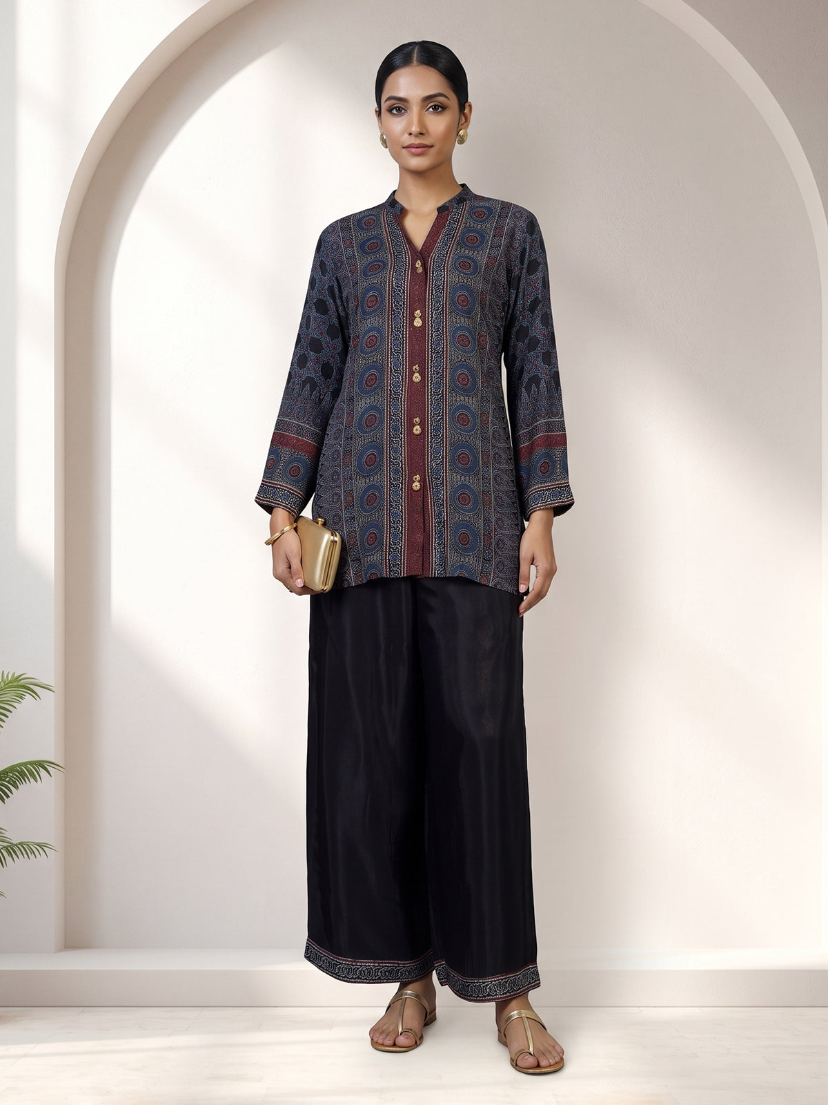 Blue ajrakh kurti set with classic palazzo styling