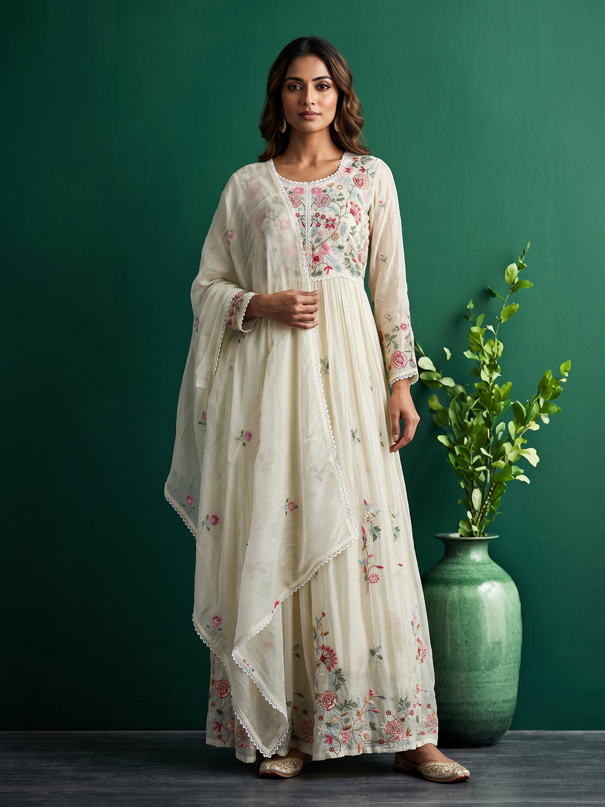 White shimmer silk kurti set with graceful floor length flair