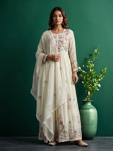 White shimmer silk kurti set with graceful floor length flair