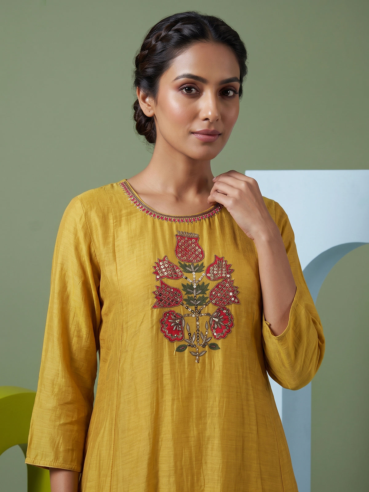 Mustard festive kurti set with timeless ethnic detailing