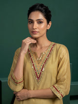 Mustard cotton silk kurti set with artisan embroidery