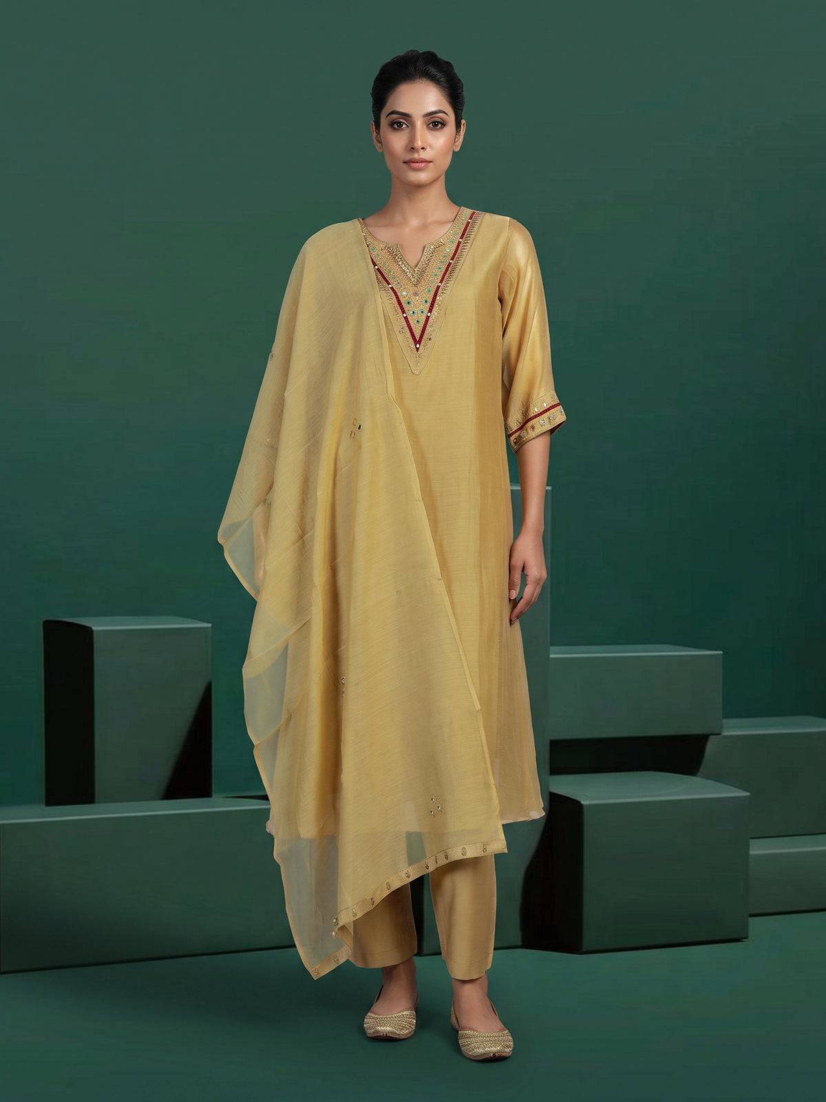 Mustard cotton silk kurti set with artisan embroidery