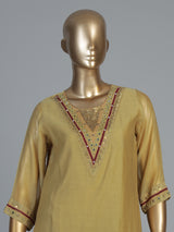 Mustard cotton silk kurti set with artisan embroidery