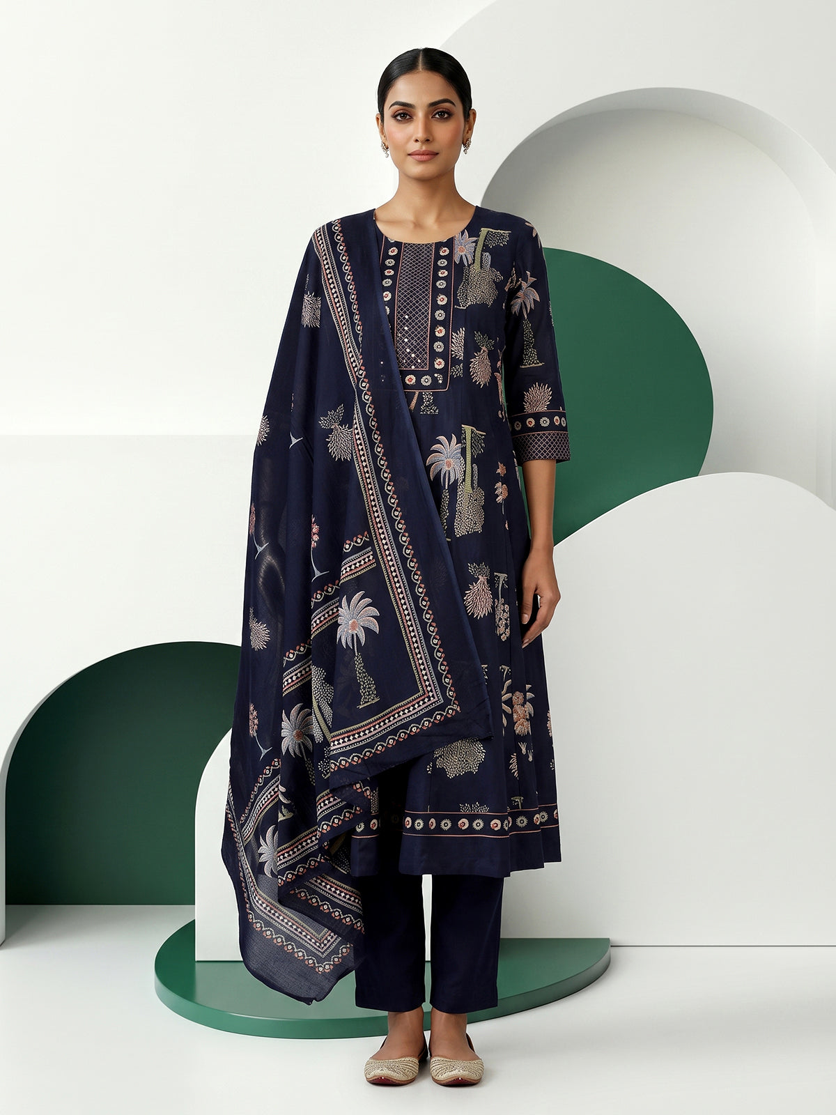 Blue cotton silk kurti set with heritage block prints