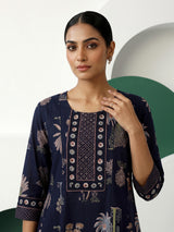 Blue cotton silk kurti set with heritage block prints