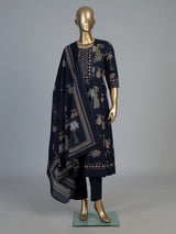 Blue cotton silk kurti set with heritage block prints