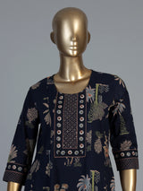 Blue cotton silk kurti set with heritage block prints