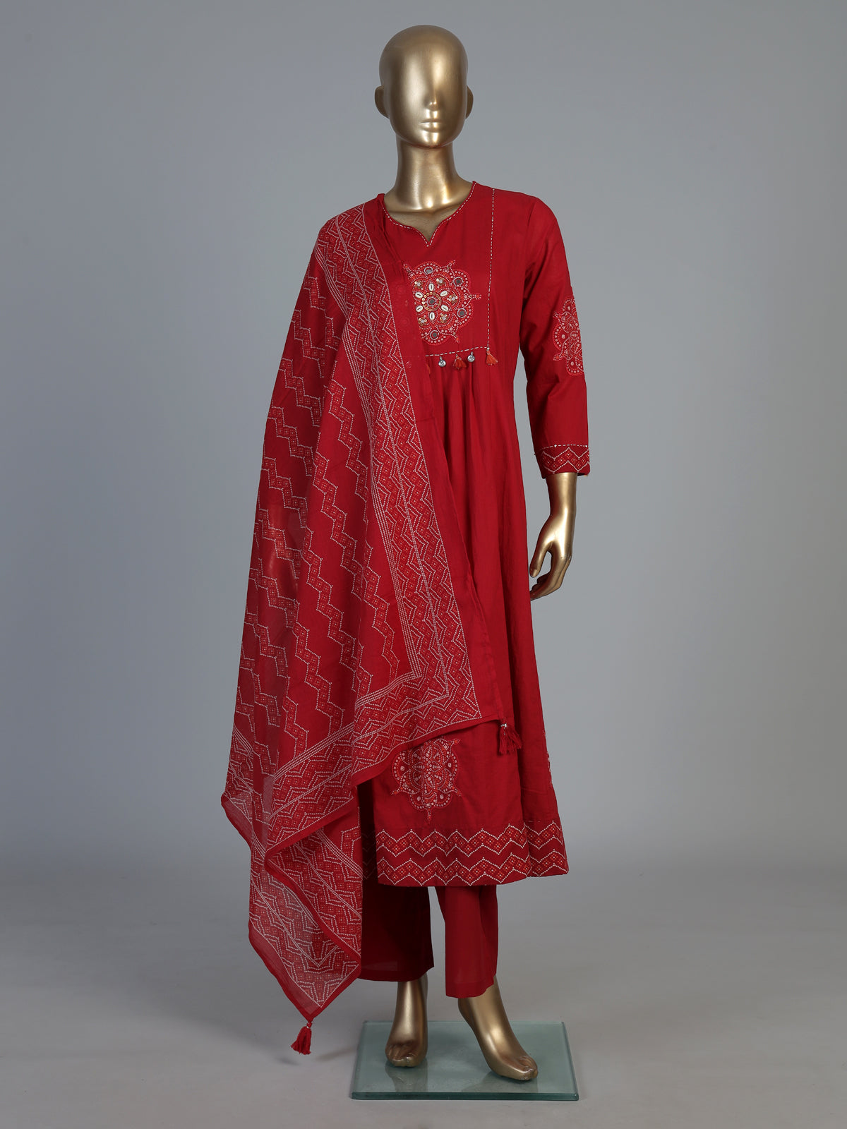 Red anarkali kurti set inspired by folk traditions
