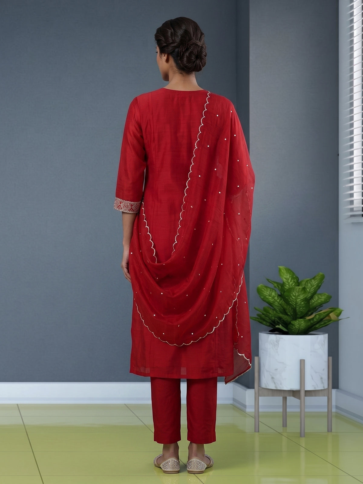 Red cotton silk kurti set with handcrafted festive elegance