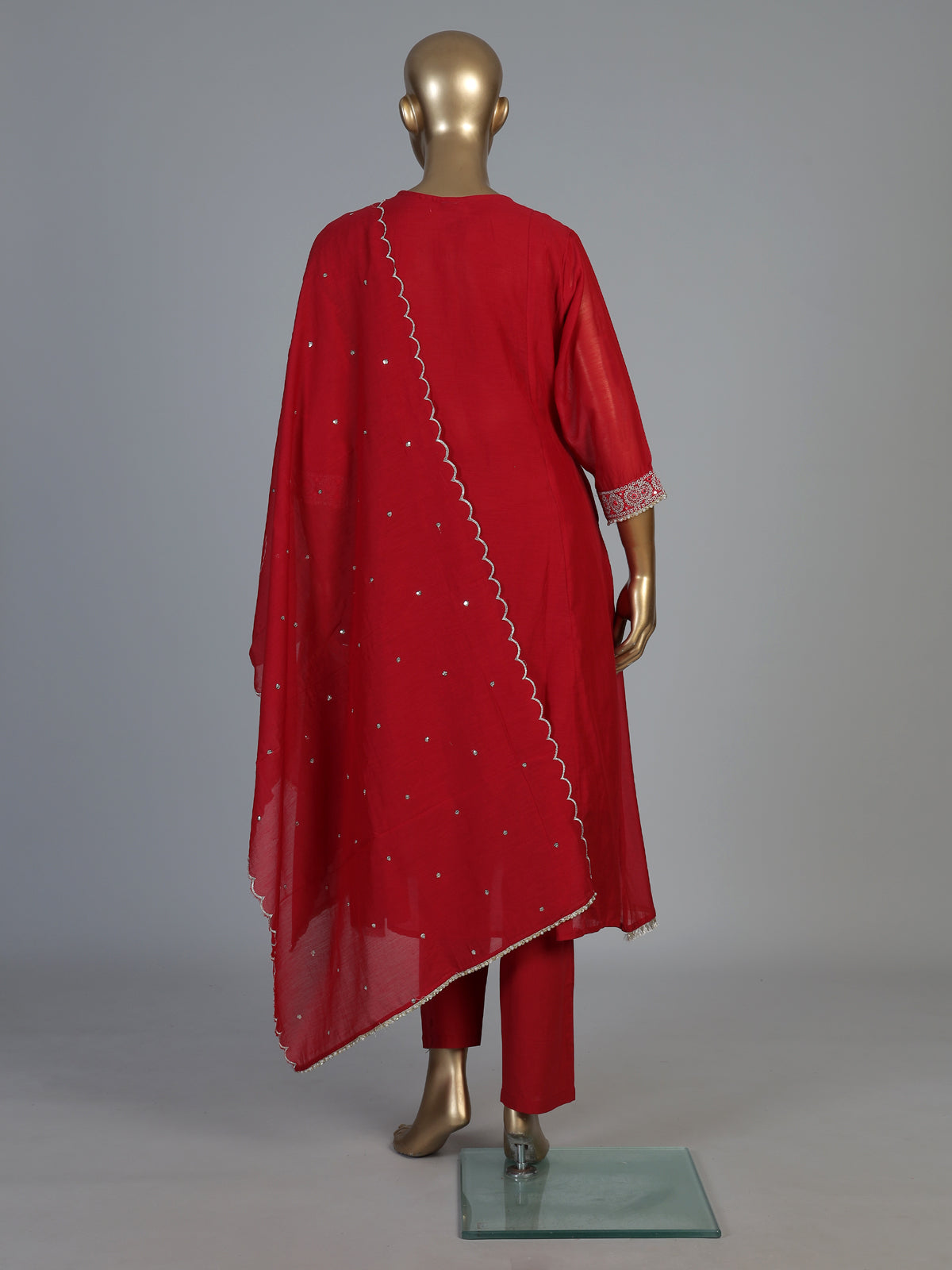 Red cotton silk kurti set with handcrafted festive elegance