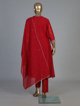 Red cotton silk kurti set with handcrafted festive elegance