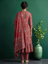 Red printed kurti set with kalamkari inspired charm