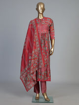 Red printed kurti set with kalamkari inspired charm