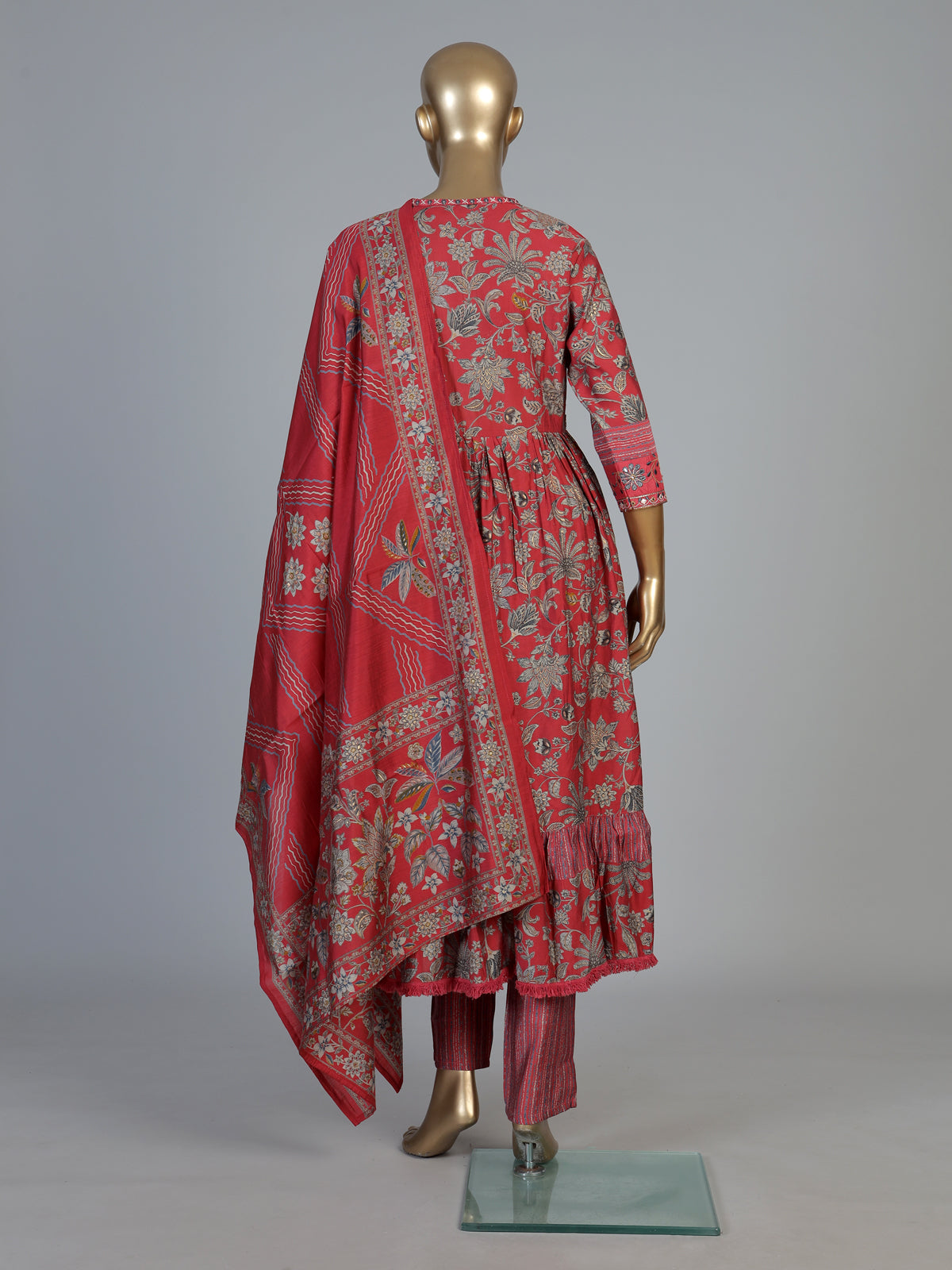 Red printed kurti set with kalamkari inspired charm