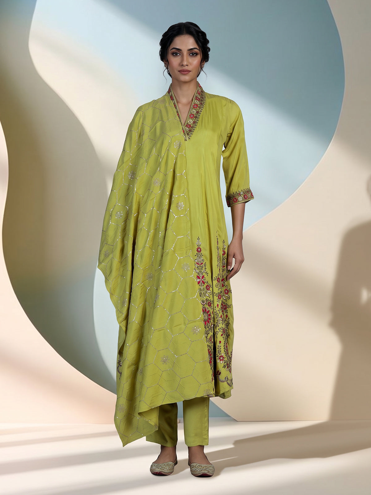 Green crepe silk kurti set with heritage floral detailing