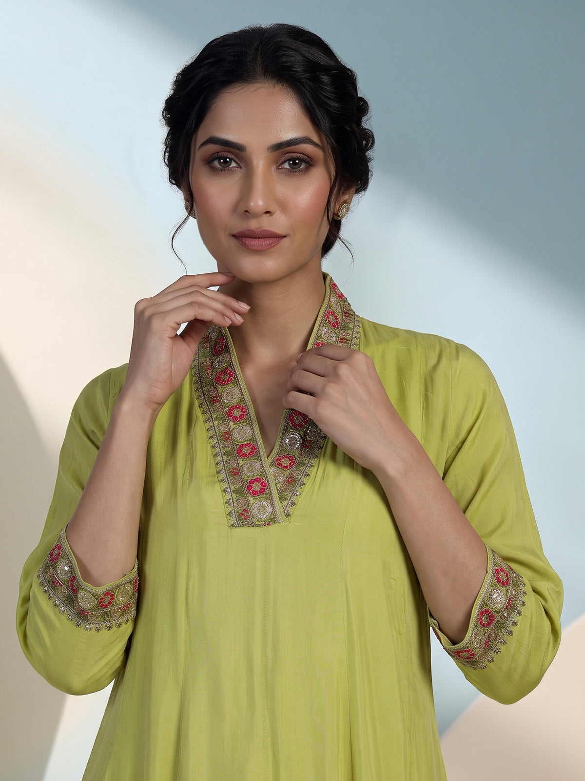 Green crepe silk kurti set with heritage floral detailing