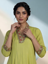 Green crepe silk kurti set with heritage floral detailing