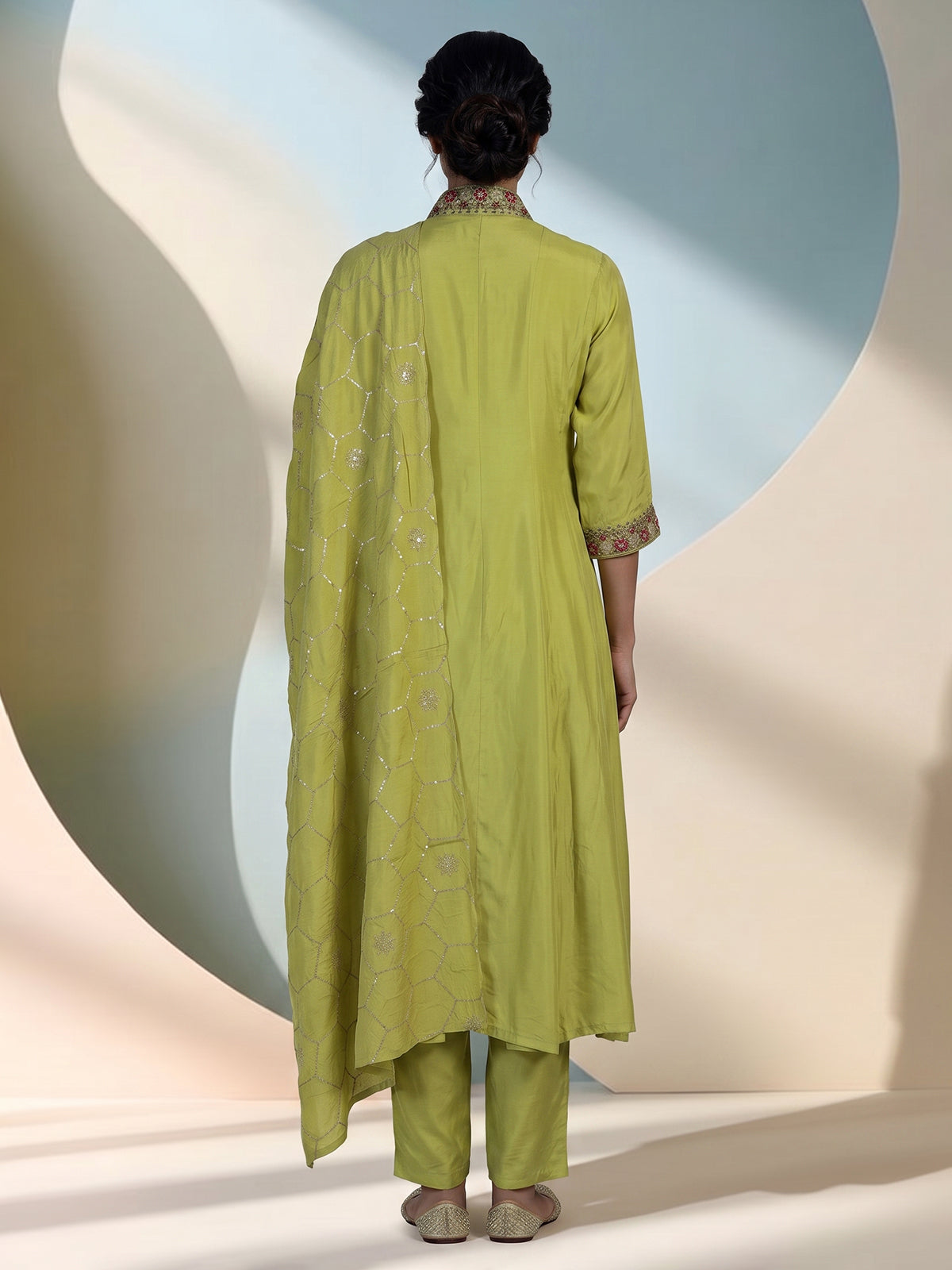 Green crepe silk kurti set with heritage floral detailing