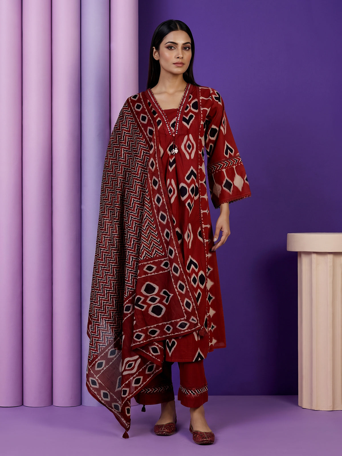 Red printed anarkali kurti set with ikkat inspired artistry