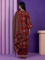 Red printed anarkali kurti set with ikkat inspired artistry