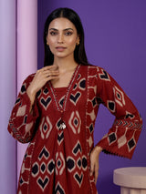 Red printed anarkali kurti set with ikkat inspired artistry