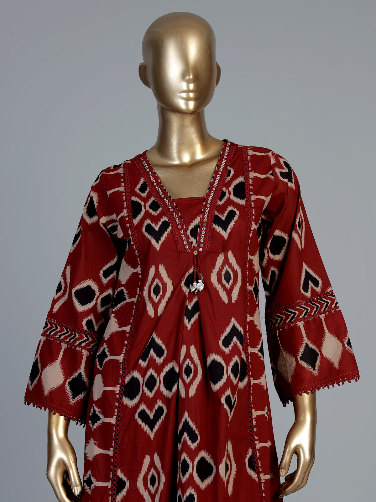 Red printed anarkali kurti set with ikkat inspired artistry