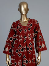 Red printed anarkali kurti set with ikkat inspired artistry