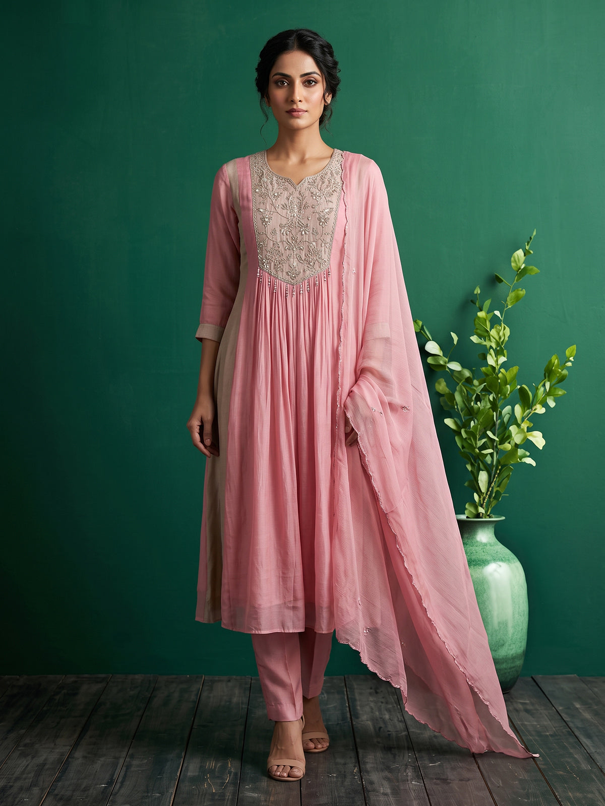Pink crepe silk kurti set with luxurious festive sparkle