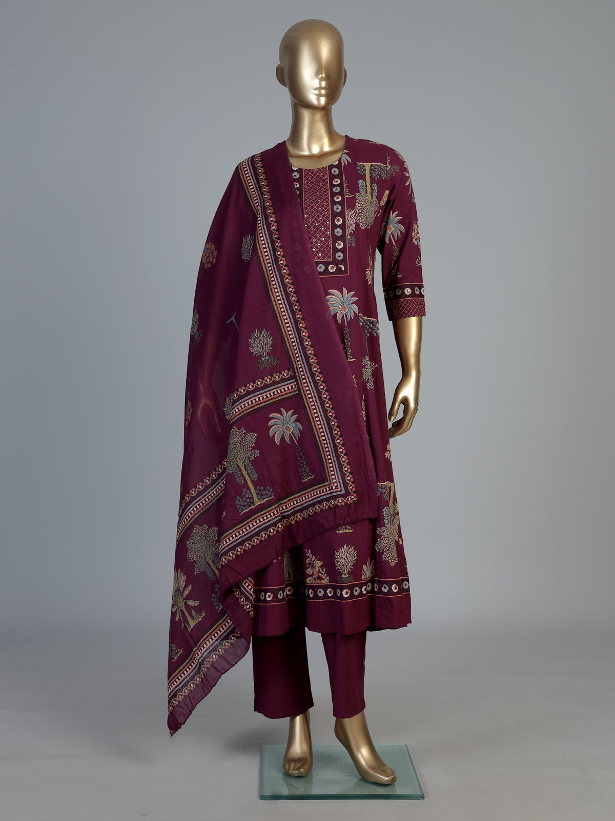 Purple floral kurti set with traditional printed elegance