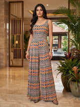 Grey printed georgette silk designer partywear jumpsuit