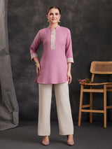 Pink cotton blend co-ord set with elegant dori embroidery