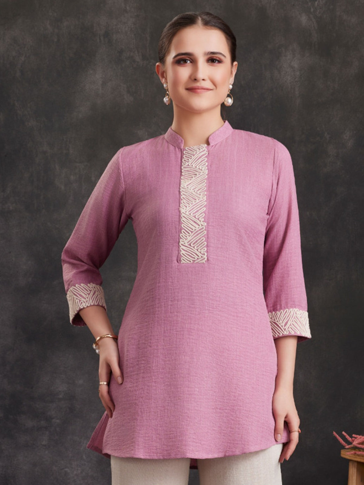 Pink cotton blend co-ord set with elegant dori embroidery