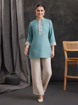 Sky blue cotton blend co-ord set with embroidered palazzo pants