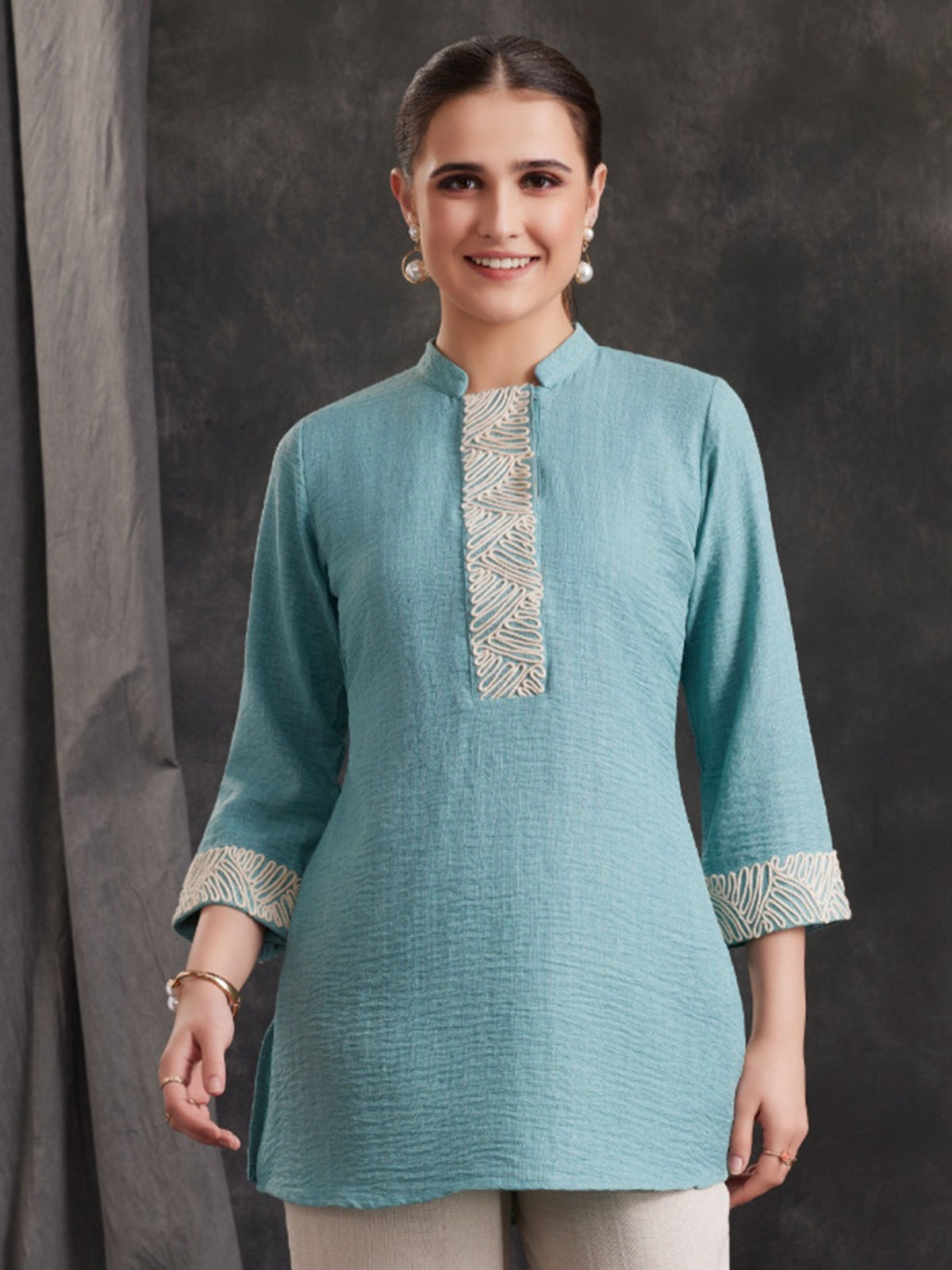 Sky blue cotton blend co-ord set with embroidered palazzo pants